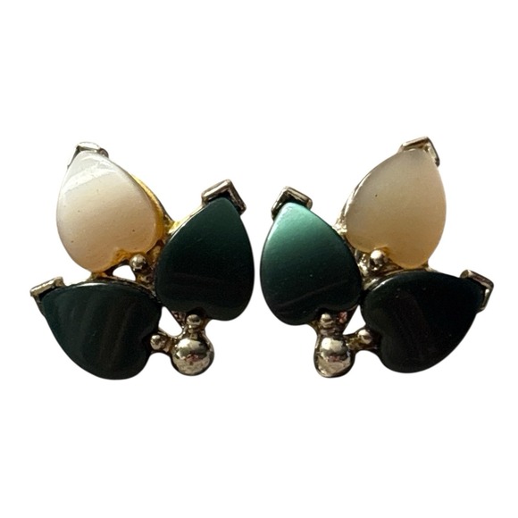 Green & Cream Thermoset Plastic‎ Screw Back Earrings Silver Tone MCM Vintage - Picture 3 of 10